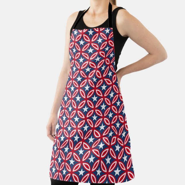 PATRIOTIC RED WHITE BLUE STARS & PATTERNS APRON (Insitu)