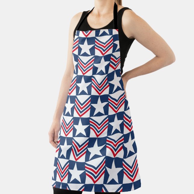 PATRIOTIC RED WHITE BLUE STARS & PATTERNS APRON (Insitu)