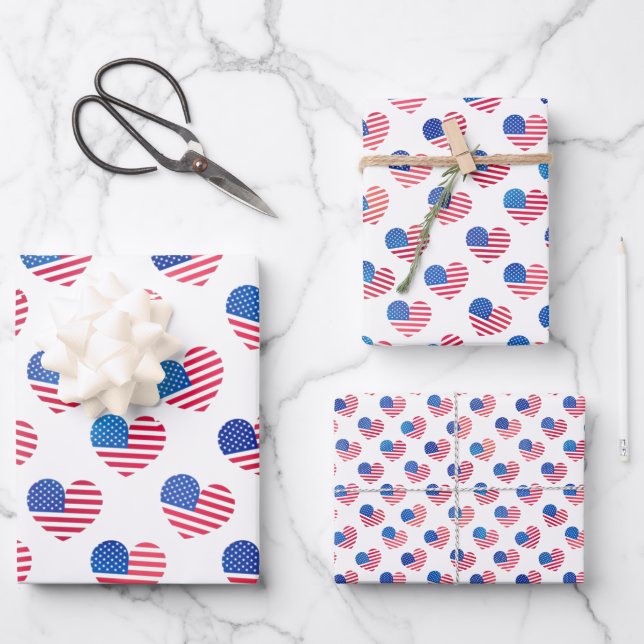 Patriotic Red White Blue Stars Stripes Heart Flags Wrapping Paper Sheet (Front)