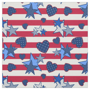 Patriotic Red White Blue Stars Stripes Hearts Dots Fabric