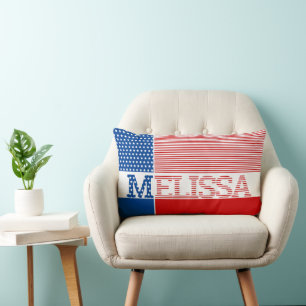 Patriotic Red White Blue❤️🤍💙Stars Stripes Name Lumbar Cushion