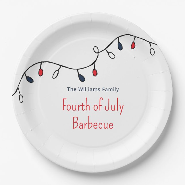 Patriotic Red White Blue String Lights 4th of July Paper Plate (Front)