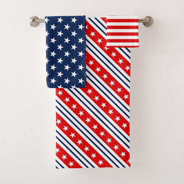 Patriotic Red, White & Blue USA Flag Patterns Bath Towel Set (Insitu)
