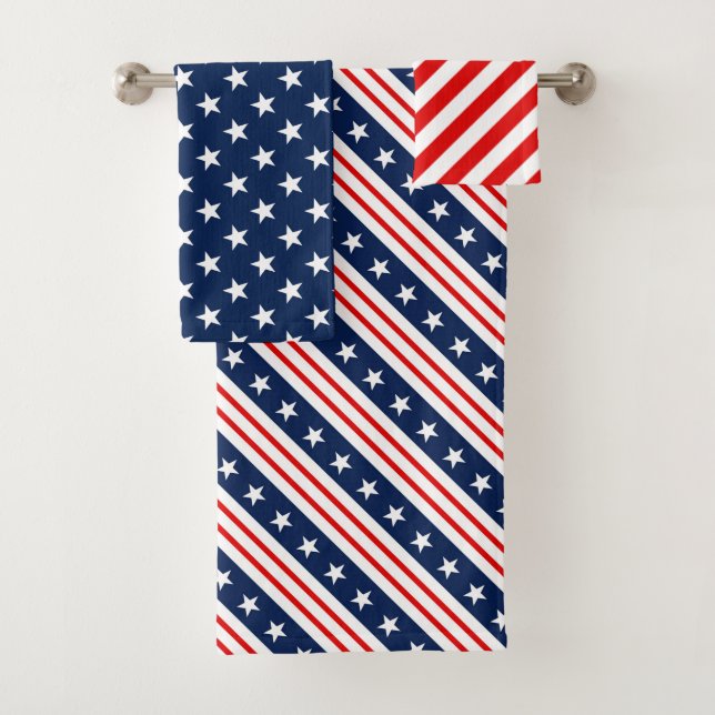 Patriotic Red, White & Blue USA Flag Patterns Bath Towel Set (Insitu)