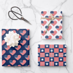 Patriotic Red, White & Blue USA Flag Patterns Wrapping Paper Sheet