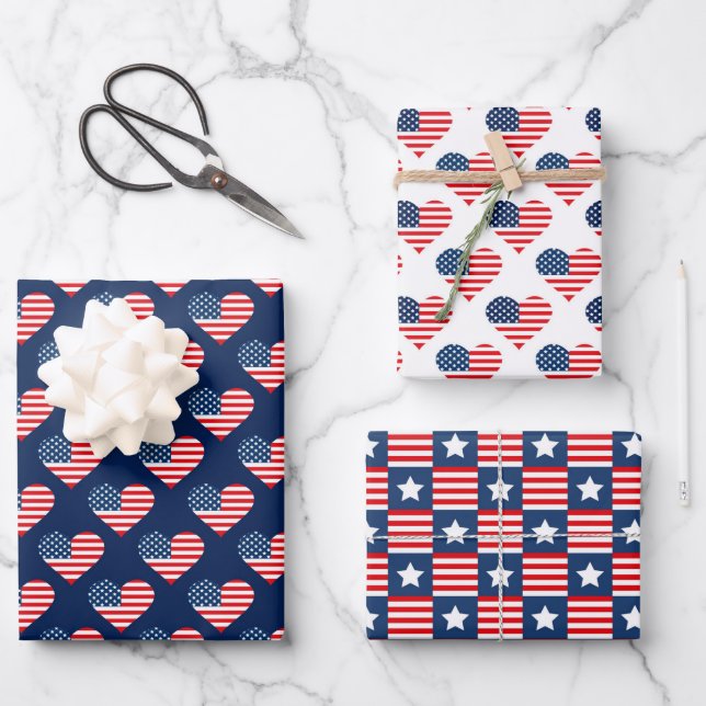 Patriotic Red, White & Blue USA Flag Patterns Wrapping Paper Sheet (Front)