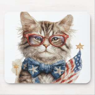 PATRIOTIC RED WHITE BLUE WATERCOLOR KITTY CAT MOUSE PAD