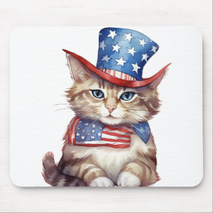PATRIOTIC RED WHITE BLUE WATERCOLOR KITTY CAT MOUSE PAD