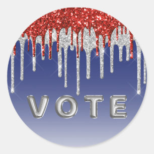 Patriotic Red White Glitter Drip Blue Vote Classic Round Sticker