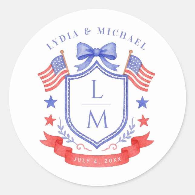 Patriotic Red White & I Do Monogram Wedding Classic Round Sticker (Front)