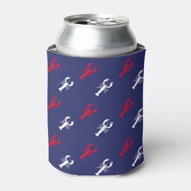 Patriotic Red white navy blue lobster pattern cute Can Cooler (Can Front)