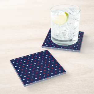 Patriotic red white navy blue star pattern modern glass coaster