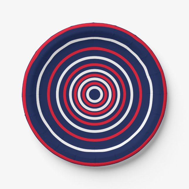 Patriotic red white navy circles stripes placemats paper plate (Front)