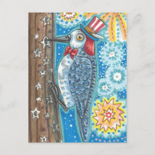 PATRIOTIC REDHEADED WOODPECKER, FIREWORKS POSTCARD