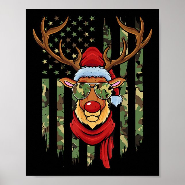 Patriotic Reindeer Camo American Flag Veteran Chri Poster (Front)