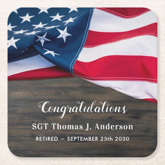 Patriotic Retirement American Flag Military Square Paper Coaster (Front)