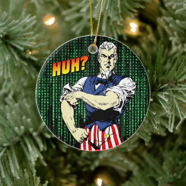 Patriotic Retro Whimsy: Uncle Sam's Roll-Up Sleeve Ceramic Ornament (Tree)