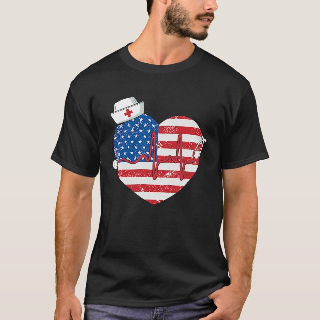 Patriotic RN LPN CNA American Flag July 4th Nurse T-Shirt (Front)