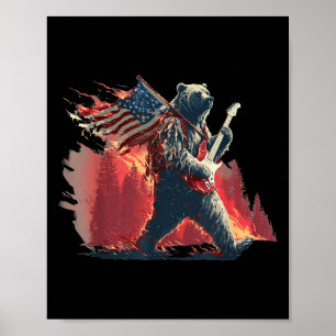 Patriotic Rockn Roll Bear With Burning Forest Cost Poster