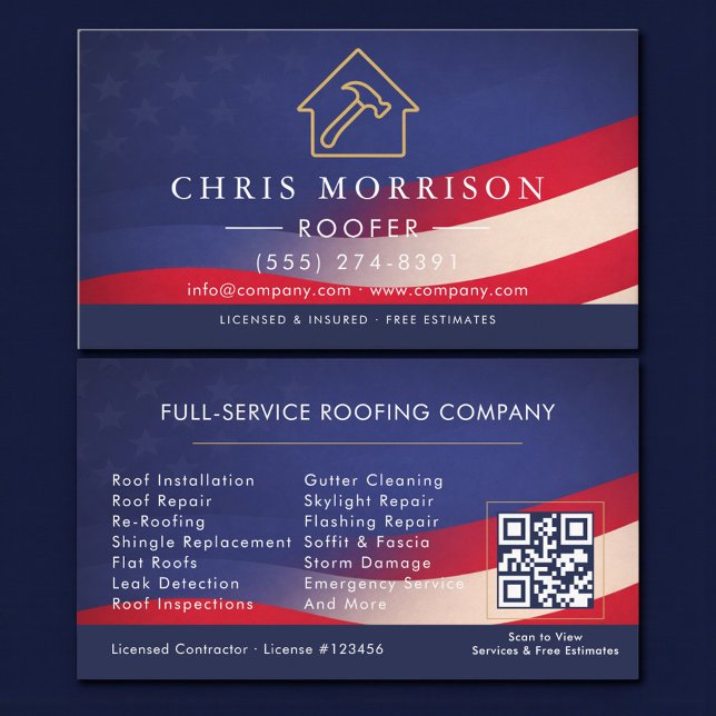 Patriotic Roofing Roofer QR Code Professional Business Card (Creator Uploaded)