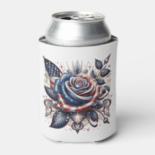Patriotic Rose and American Flag Independence Day Can Cooler