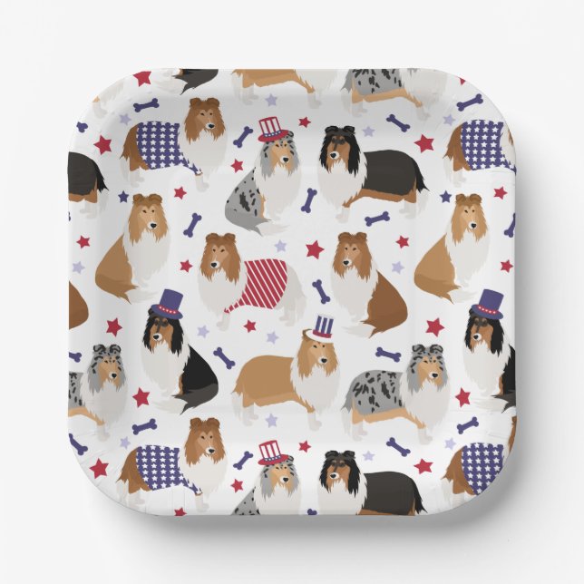 Patriotic Rough Collie Pattern Paper Plates (Front)