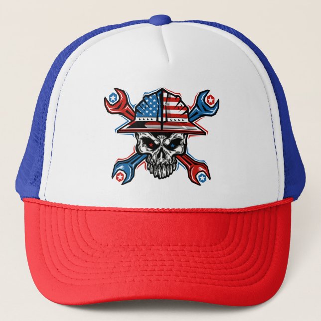 patriotic roughneck skull trucker hat (Front)