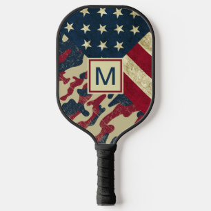 Patriotic Rustic American Flag Camo Monogrammed Pickleball Paddle