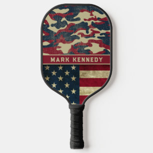 Patriotic Rustic American Flag Camo Pattern Name Pickleball Paddle