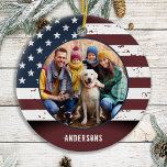 Patriotic Rustic American Flag Custom 2 Photo Ceramic Ornament<br><div class="desc">Rustic American Flag Christmas Ornament. This patriotic stars and stripes usa flag christmas ornament will be a treasured keepsake. Ornament is double sided, you can do 2 favourite photos, one on each side. Perfect for military, soldier Christmas ornament, military veteran, patriotic family. Personalise name on the front, and date on...</div>