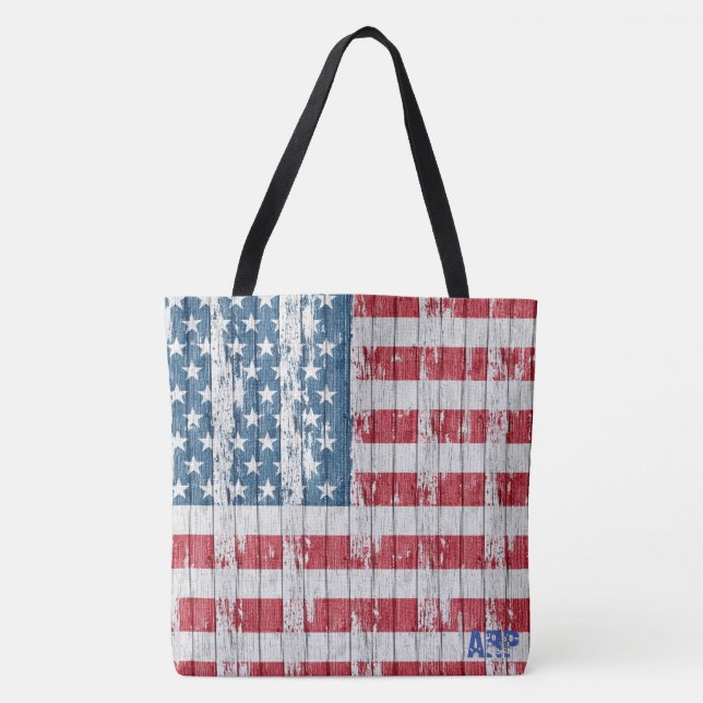 *~* Patriotic Rustic Barnwood USA Flag Tote Bag (Front)