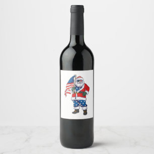Patriotic Santa American Christmas 4th Of July San Wine Label