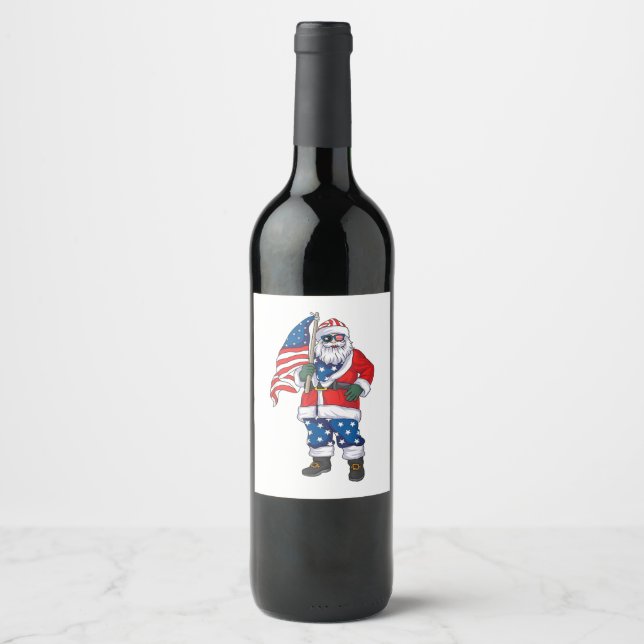 Patriotic Santa American Christmas 4th Of July San Wine Label (Front)