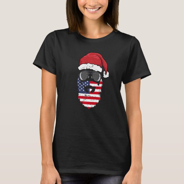 Patriotic Santa Claus Face Sunglasses Hat Beard Ch T-Shirt (Front)