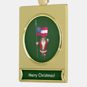 Patriotic Santa Claus Visiting Georgia Gold Plated Banner Ornament
