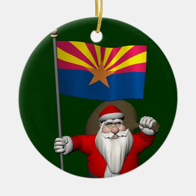 Patriotic Santa Claus With Flag Of Arizona Ceramic Ornament (Front)