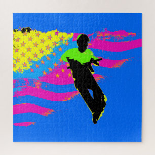 Patriotic Scooter Rider and US Flag Artwork  Jigsaw Puzzle