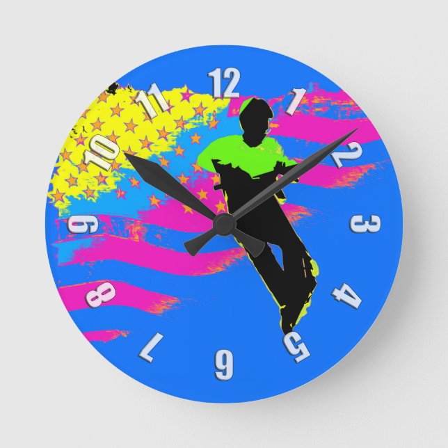 Patriotic Scooter Rider and US Flag Artwork Round Clock (Front)
