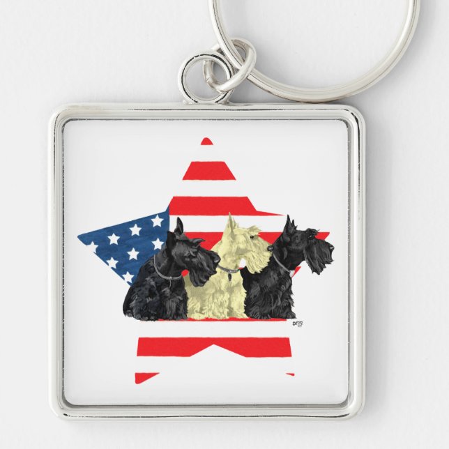 Patriotic Scottish Terriers on Star Key Ring (Front)
