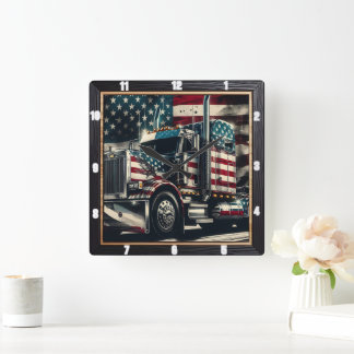Patriotic Semi-Truck American Flag  Square Wall Clock