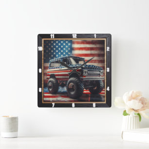 Patriotic Semi-Truck American Flag  Square Wall Clock