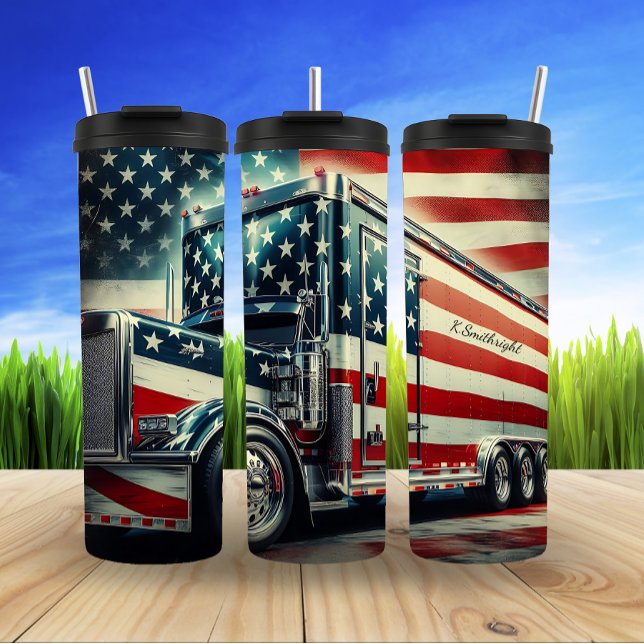 Patriotic Semi-Truck with USA Flag Monogram Thermal Tumbler (Creator Uploaded)
