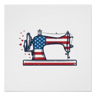 Patriotic Sewing Machine Vintage Engraving Vector_ Poster