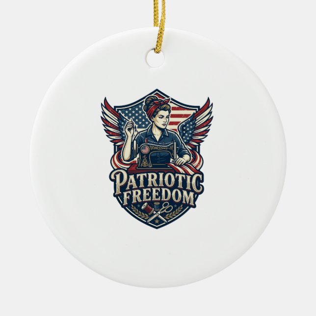 Patriotic Sewing Mum Vector Graphic Tee_1 Ceramic Ornament (Front)