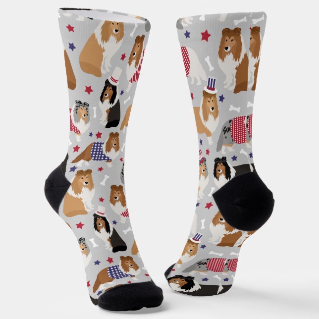Patriotic Sheltie Shetland Sheepdog Socks (Angled)