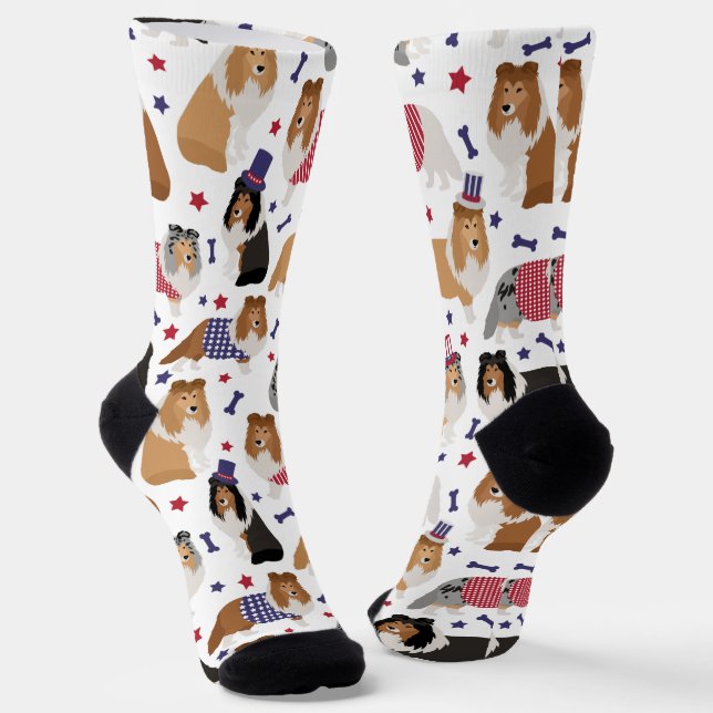 Patriotic Sheltie Shetland Sheepdog Socks (Angled)