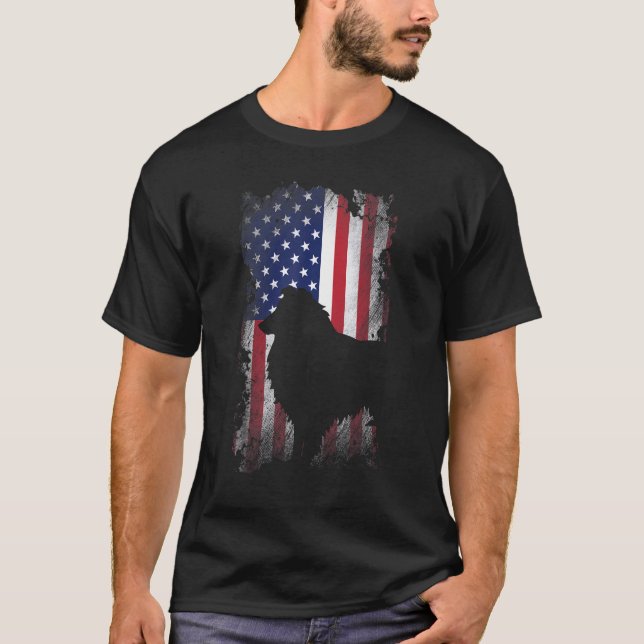 Patriotic Shetland Sheepdog American Flag Cool Dog T-Shirt (Front)