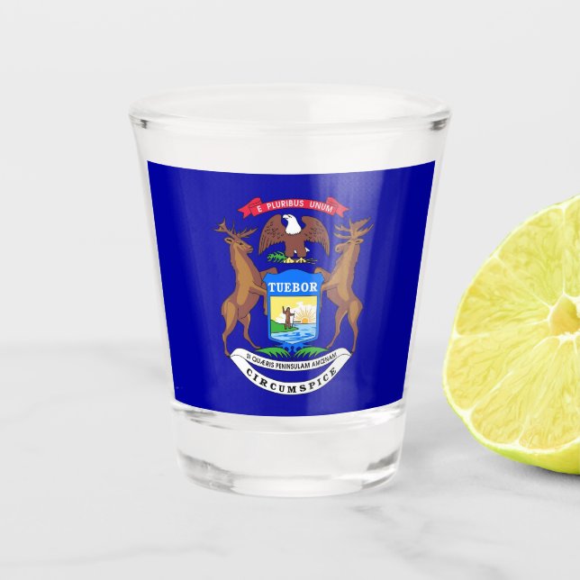 Patriotic shot glass with flag of Michigan (Front)