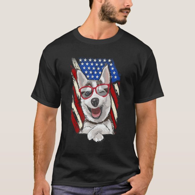 Patriotic Siberian Husky American Flag Dog T-Shirt (Front)