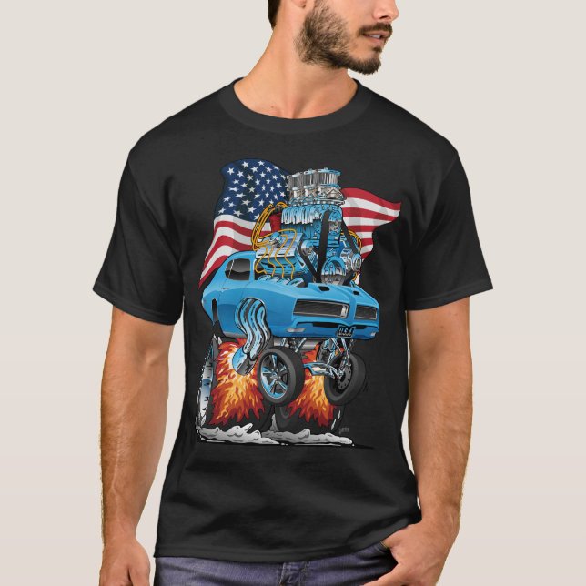 Patriotic Sixties American Muscle Car with Flag T-Shirt (Front)